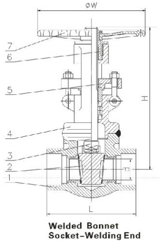 Drawing: forged steel gate valves API 602 welded bonnet socket welding ends