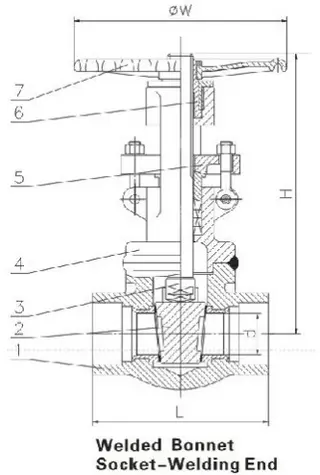 Drawing: forged steel gate valves API 602 welded bonnet socket welding ends