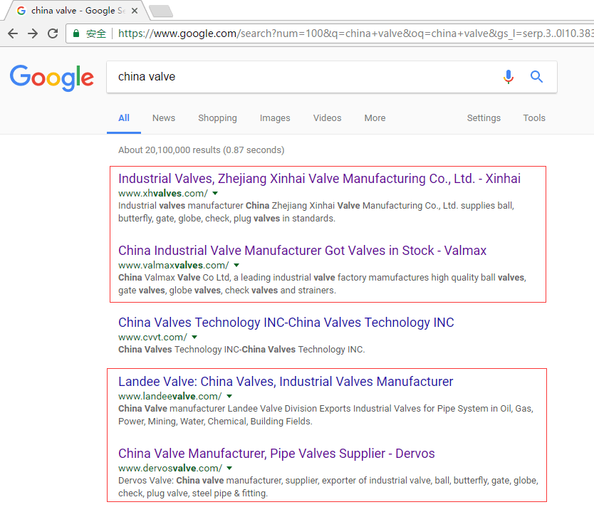Google搜索China Valve的結果