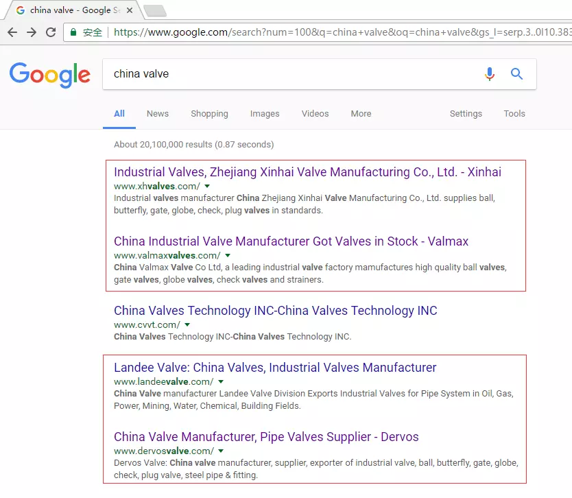 Google搜索China Valve的结果