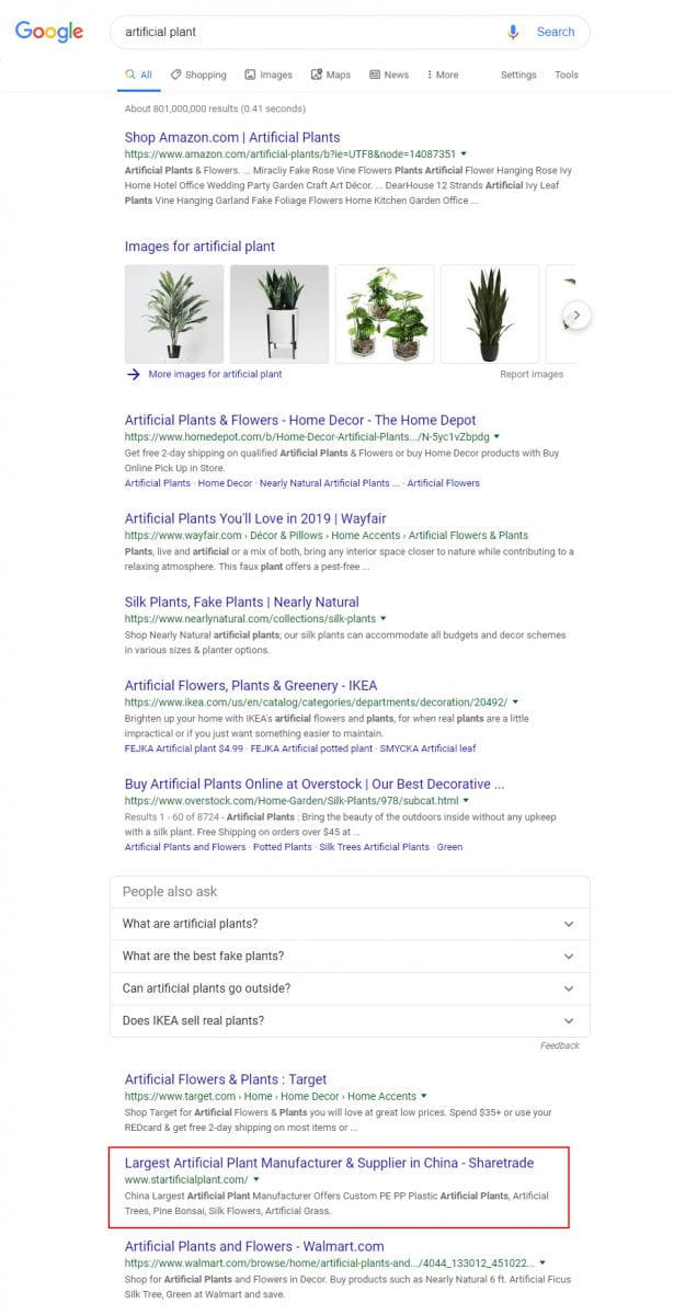 Casos exitosos de árbol artificial, flor artificial y sitio web de decoración Ranking de optimización de Google