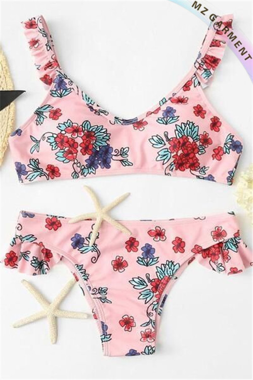 Floral Print Swimsuit, Lovely Swimming Suits, Flouncy, Pink
