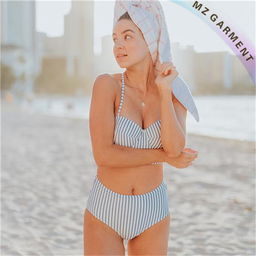 High Waisted Bikini, Nylon, Spandex, Pinstripe, Fresh, White & Green