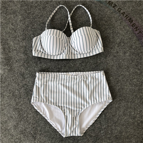 High Waisted Bikini, Nylon, Spandex, Pinstripe, Fresh, White & Green