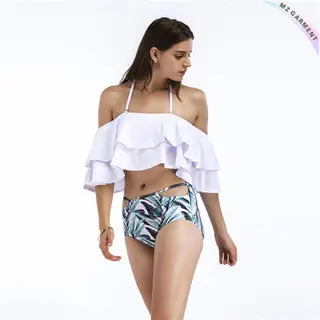 Two Tone Bikini Set Custom, Flounce, Halter, Leaves Print, White
