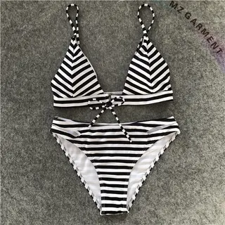 Two-piece Striped Bikini, Strap-front, Classic, Black & White