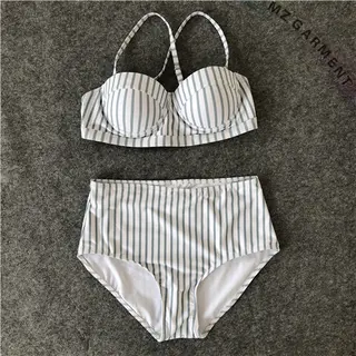 High Waisted Bikini, Nylon, Spandex, Pinstripe, Fresh, White & Green