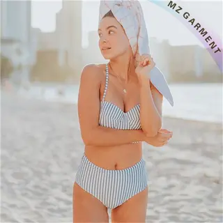 High Waisted Bikini, Nylon, Spandex, Pinstripe, Fresh, White & Green