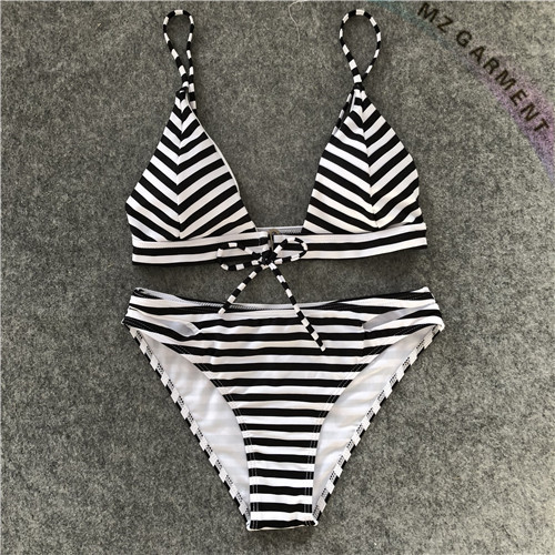 Two-piece Striped Bikini, Strap-front, Classic, Black & White
