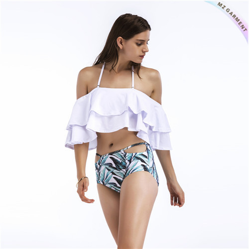 Two Tone Bikini Set Custom, Flounce, Halter, Leaves Print, White