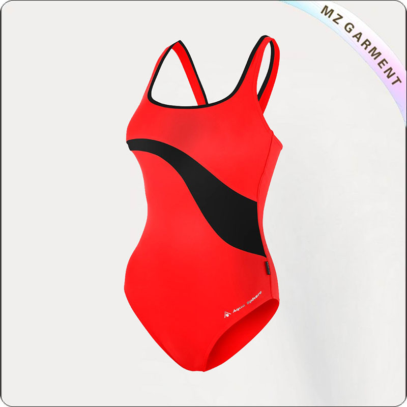 Women Red & Black Panel Competitive Swimsuit
