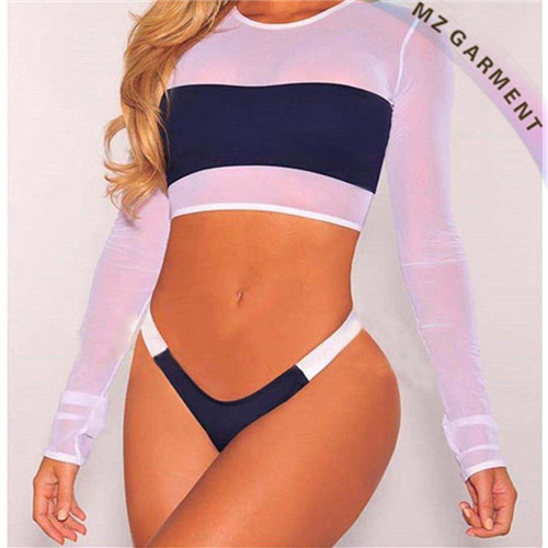Women Bathing Suits, Long Sleeve Top, Micro Bottom, White & Blue