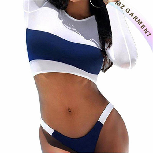 Women Bathing Suits, Long Sleeve Top, Micro Bottom, White & Blue