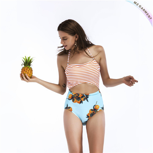 Halter One Piece Swimsuit, Cut-out, Multicoloured, Stripe, Botanical