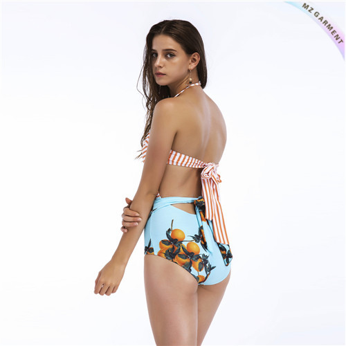 Halter One Piece Swimsuit, Cut-out, Multicoloured, Stripe, Botanical