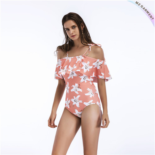 One Piece Swimwear, Off the Shoulder, Flounce, Floral Print, Lily