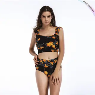 Crop Swimsuits, High Waisted Bottom, Botanical Print, Wide Strap