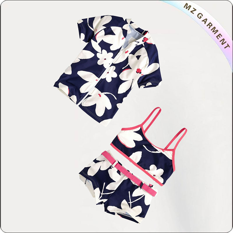Kids White Floral Print with Pink Lace Bikini