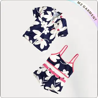 Kids White Floral Print with Pink Lace Bikini