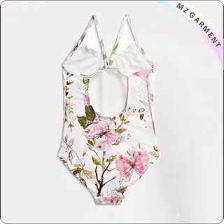 Kids Cream Printed Flower Swimsuit