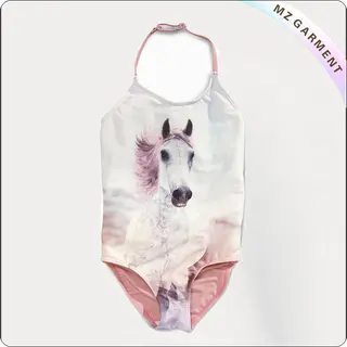 Girls' Pink Printed Horse Swimsuit
