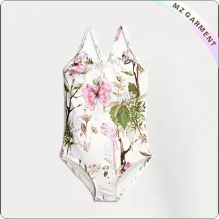 Kids Cream Printed Flower Swimsuit