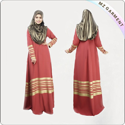 100% Cotton Muslim Dress Long Sleeve Red Purple