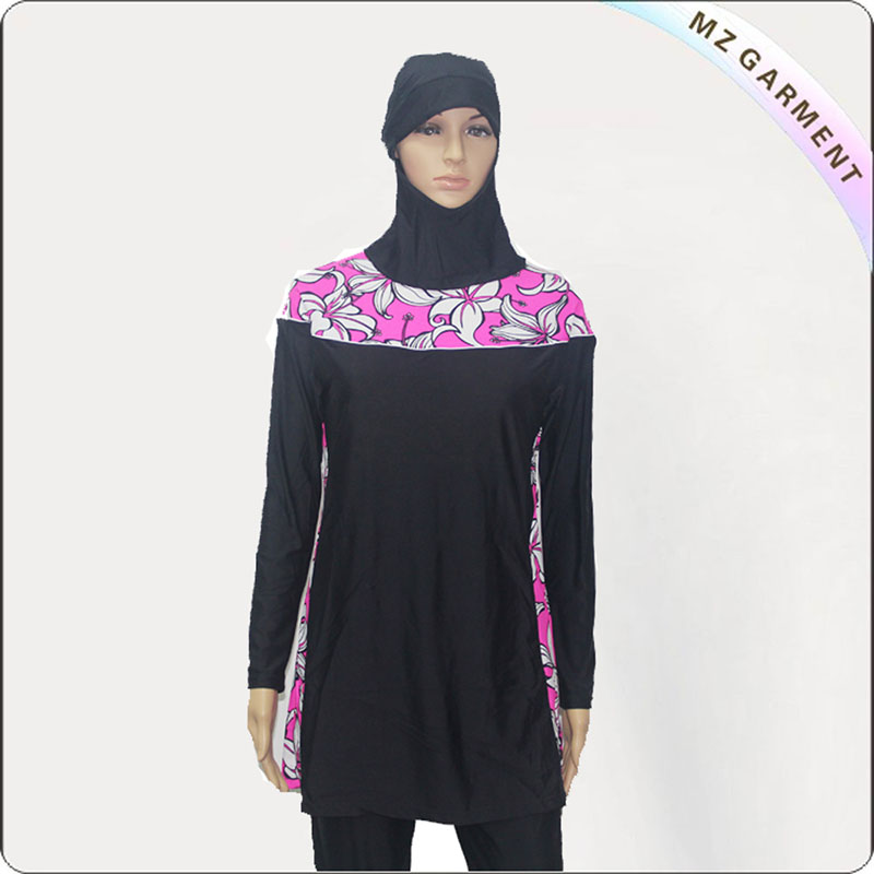 Black Floral Print Muslim Swimwear