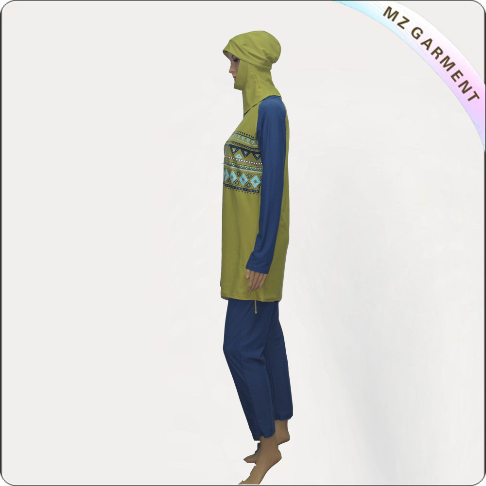 Blue Long Sleeve Muslim Swimwear with Yellow Printing