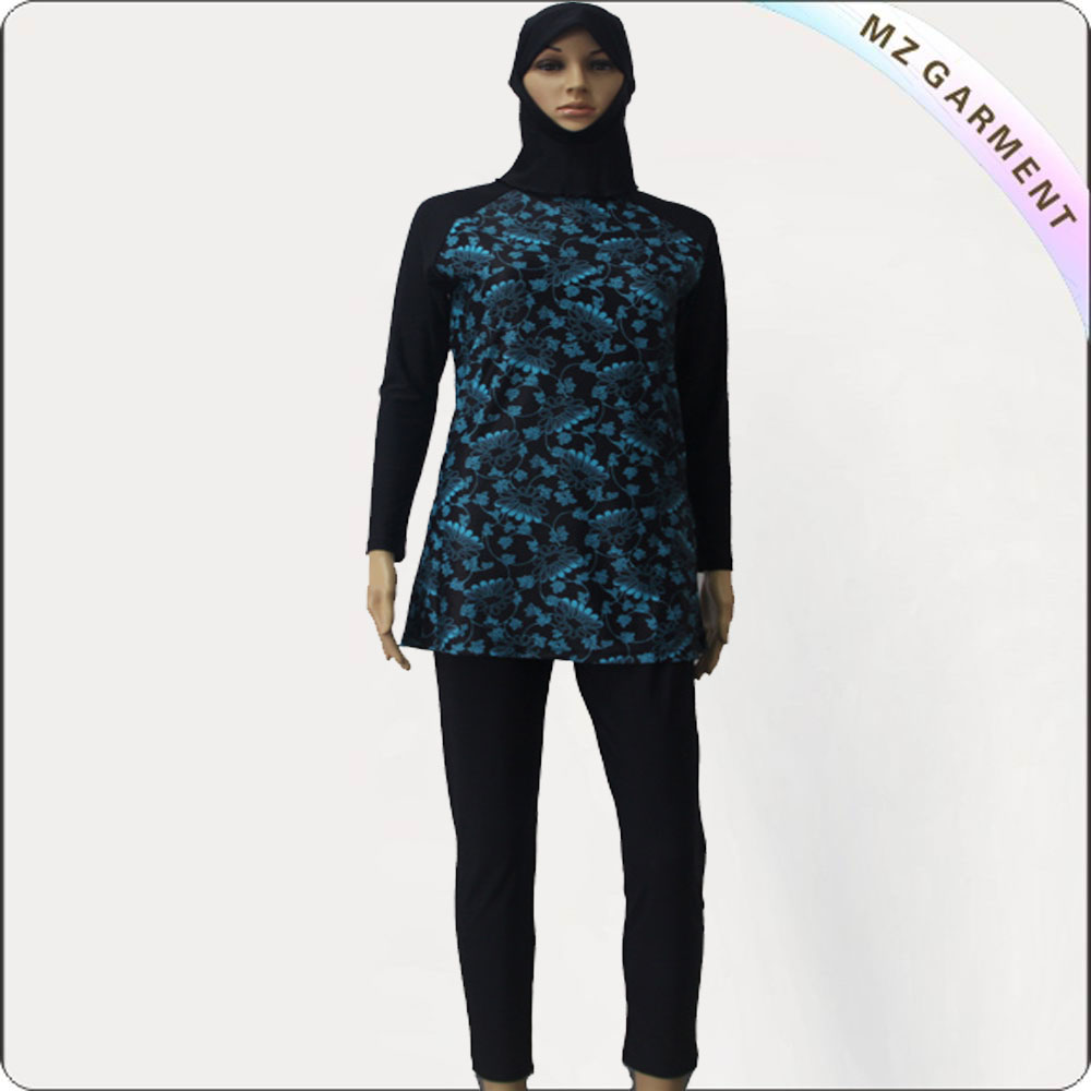 Black Long Sleeve Muslim Swimwear with Green Printing
