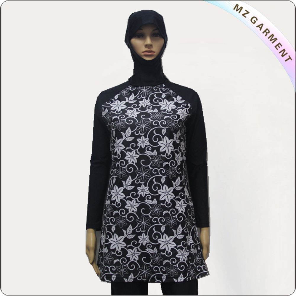 Purple Print Black Long Sleeve Muslim Swimwear