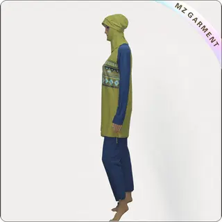 Blue Long Sleeve Muslim Swimwear with Yellow Printing