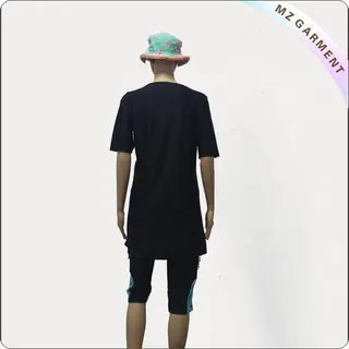 Black Short Sleeve Short Knee Muslim Swimwear with Green Printing