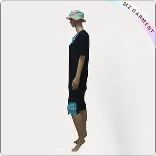 Black Short Sleeve Short Knee Muslim Swimwear with Green Printing