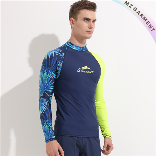 Men's Rash Guard Shirt, Palm Print, Long Sleeve, Blue, Custom