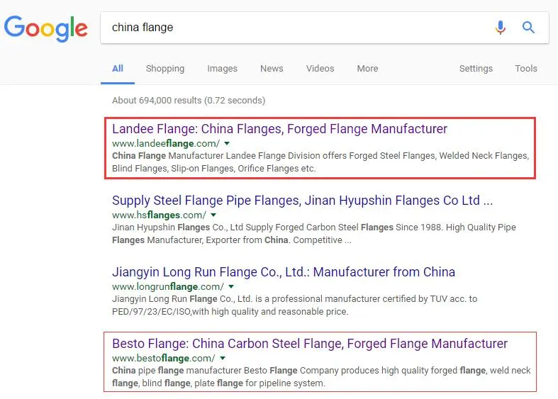 谷歌自然排名优化成功案例: www.landeeflange.com