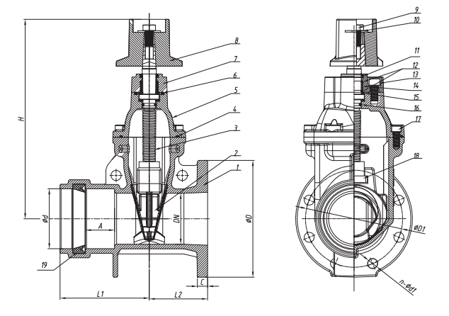Socket x Flanged NRS Gate Valve Design Drawing